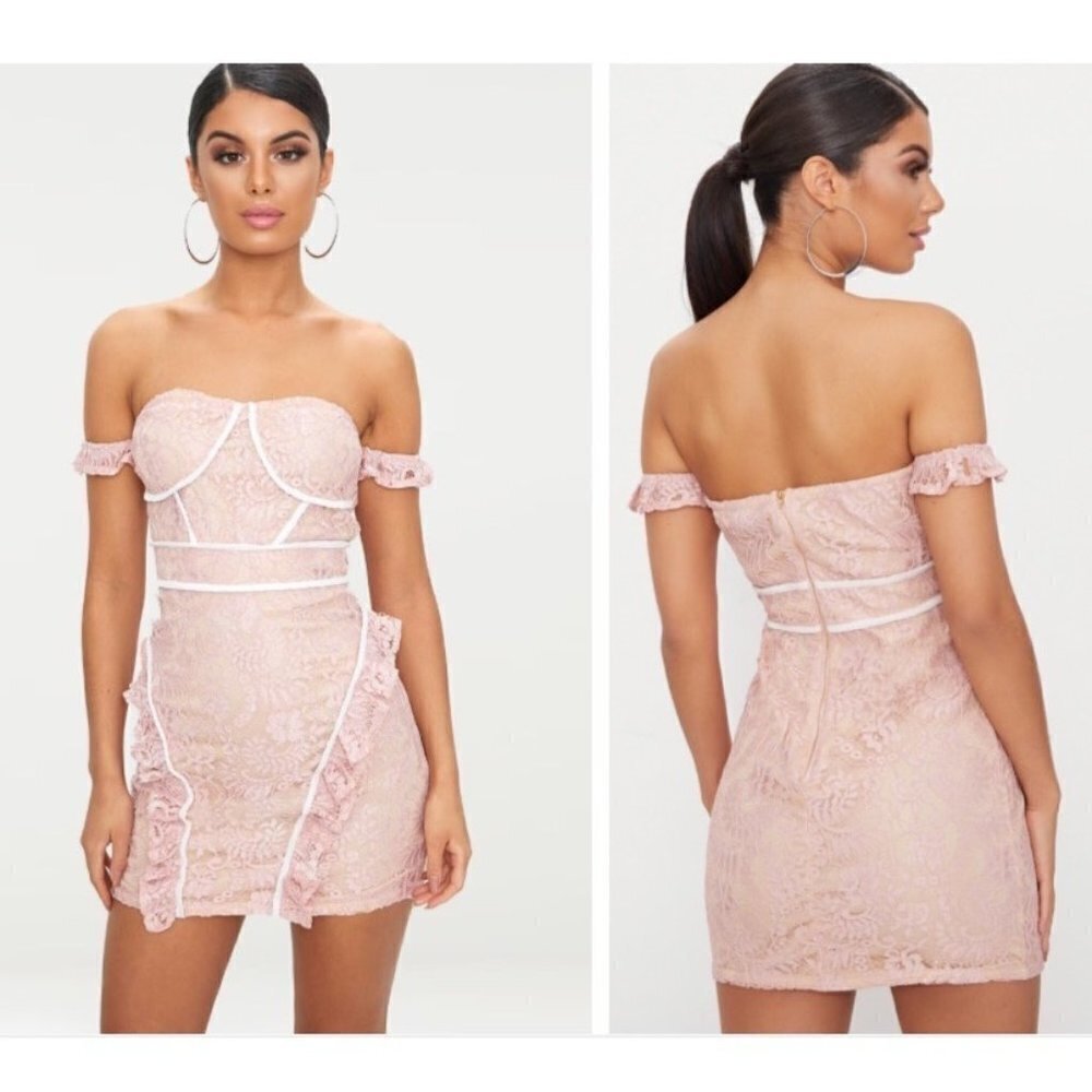 Pretty Little Things Contrast‎ Arm Cuff Pink Lace Corset Bodycon Mini Dress Sz 6